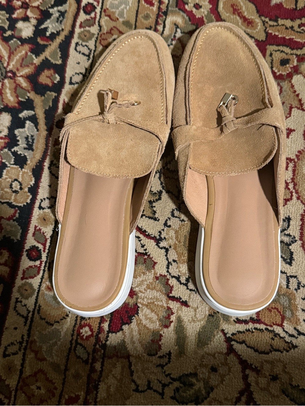 Suede Tassel Backless Loafers - Tan